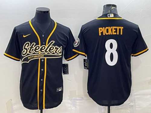 Men's Pittsburgh Steelers #8 Kenny Pickett Black With Patch Cool Base Stitched Baseball Jersey,We sell and wholesale Men's Pittsburgh Steelers #8 Kenny Pickett Black With Patch Cool Base Stitched Baseball Jersey on line form chian!